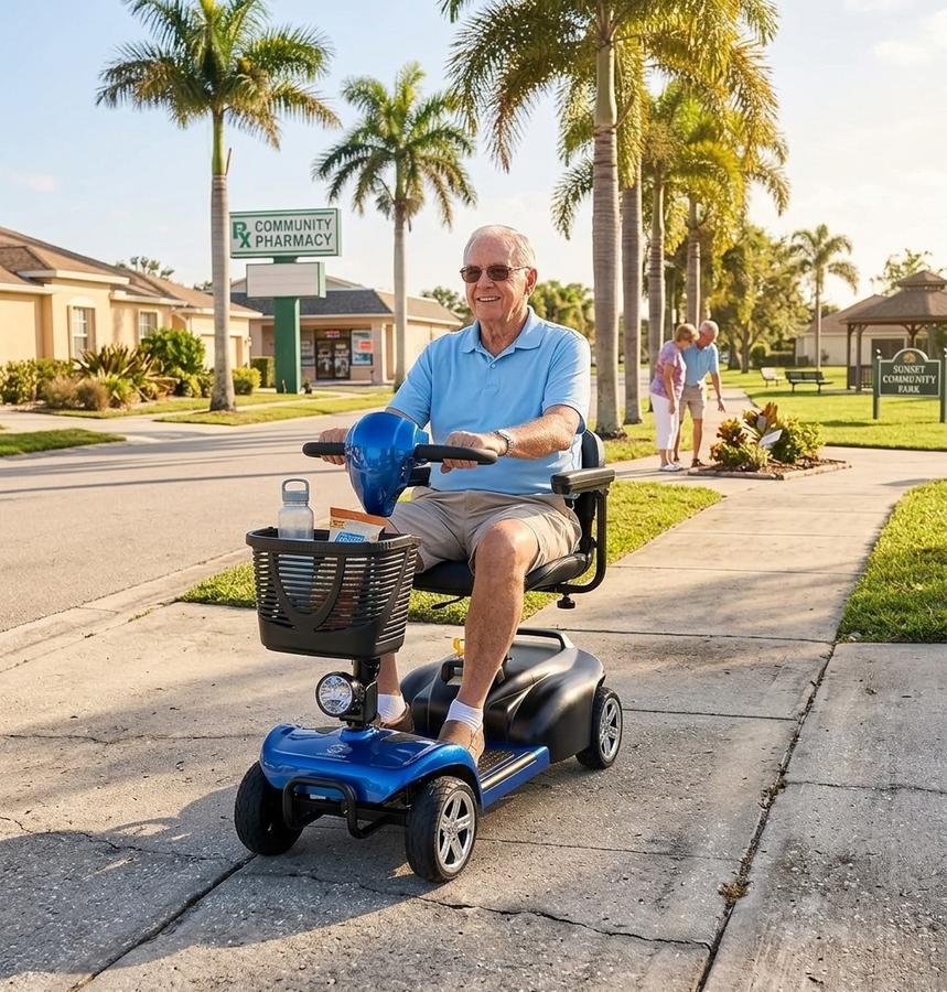 Senior riding Hubbfq scooter through neighborhood